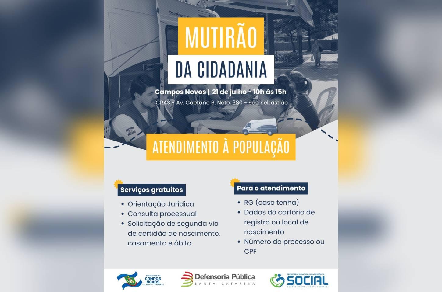 Defensoria Pública realiza mutirões itinerantes em Campos Novos na próxima semana