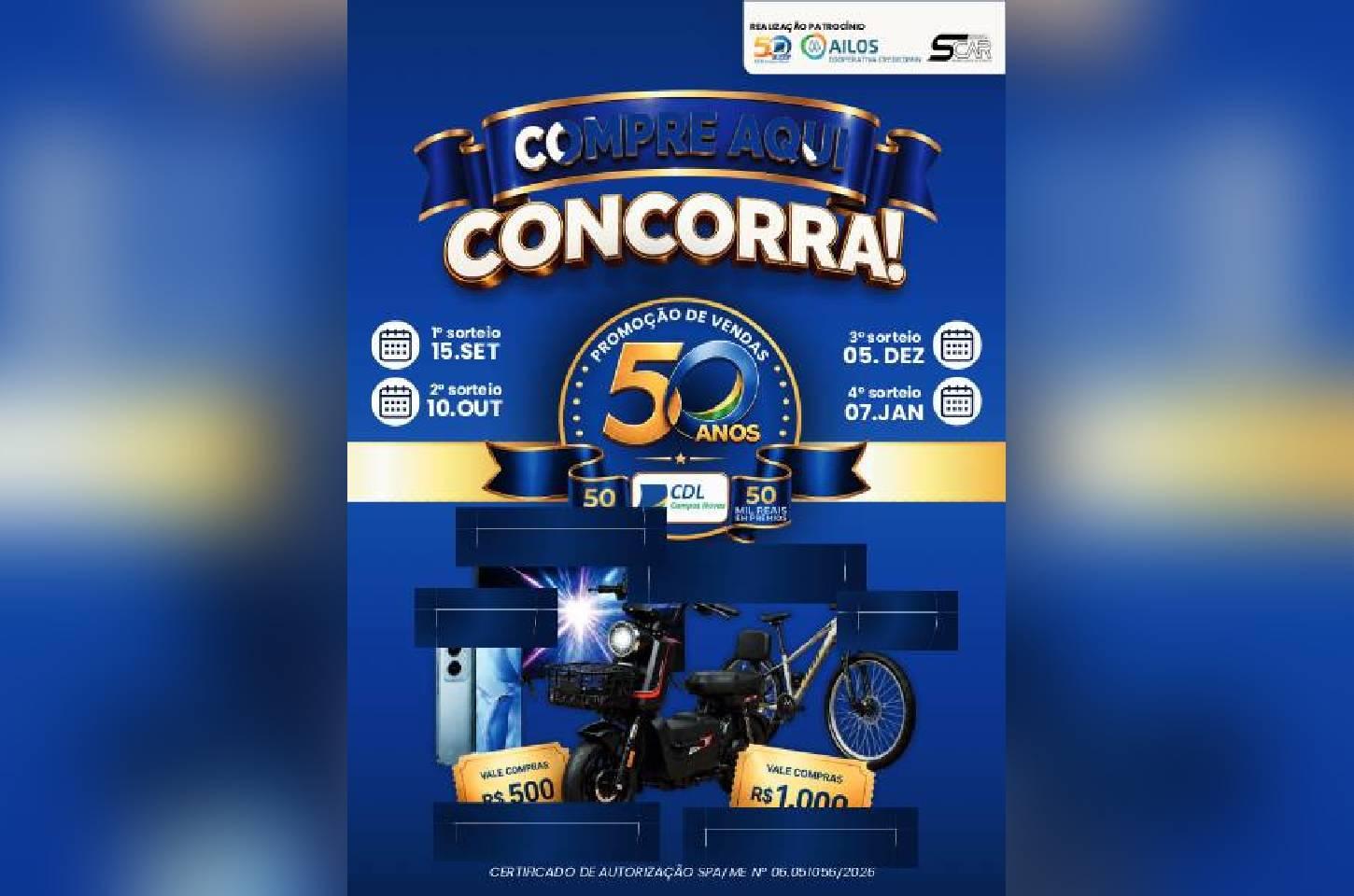 Promoção de Vendas ‘CDL 50 anos, 50 Prêmios e 50 mil reais em prêmios’ já está sendo comercializada