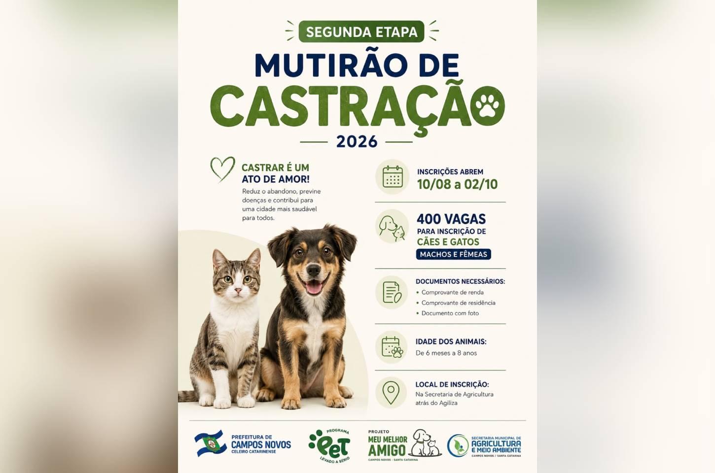 Prefeitura de Campos Novos abre inscrições para a segunda etapa do Mutirão de Castração