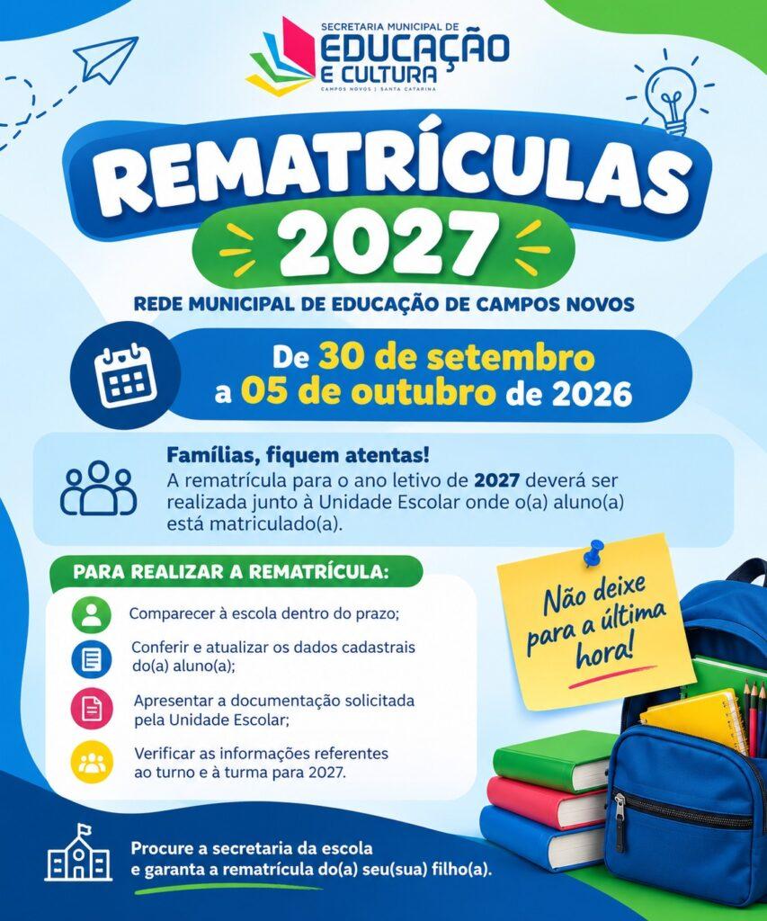 Educação de Campos Novos inicia período de rematrículas para o ano letivo de 2027