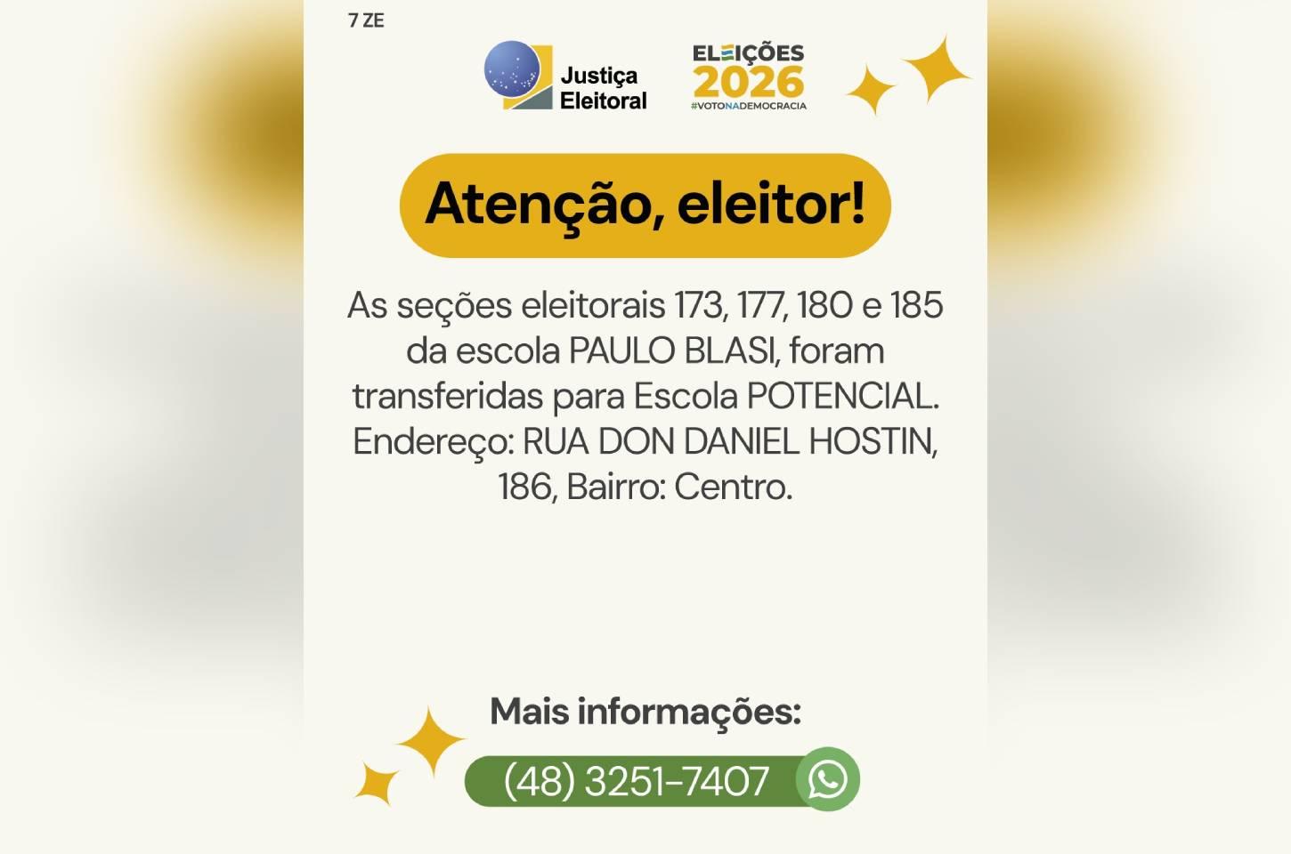 Seções eleitorais de quatro turmas da Escola Paulo Blasi são transferidas para a Escola Potencial