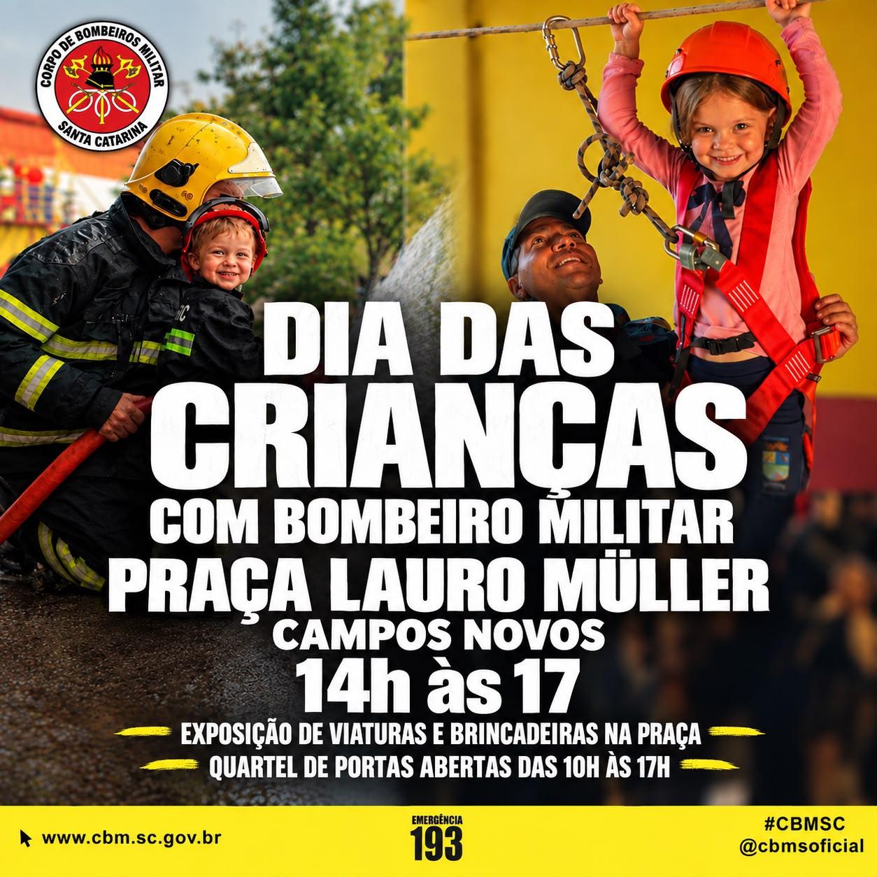 Bombeiros de Campos Novos recebem crianças para uma tarde especial na Praça Lauro Müller
