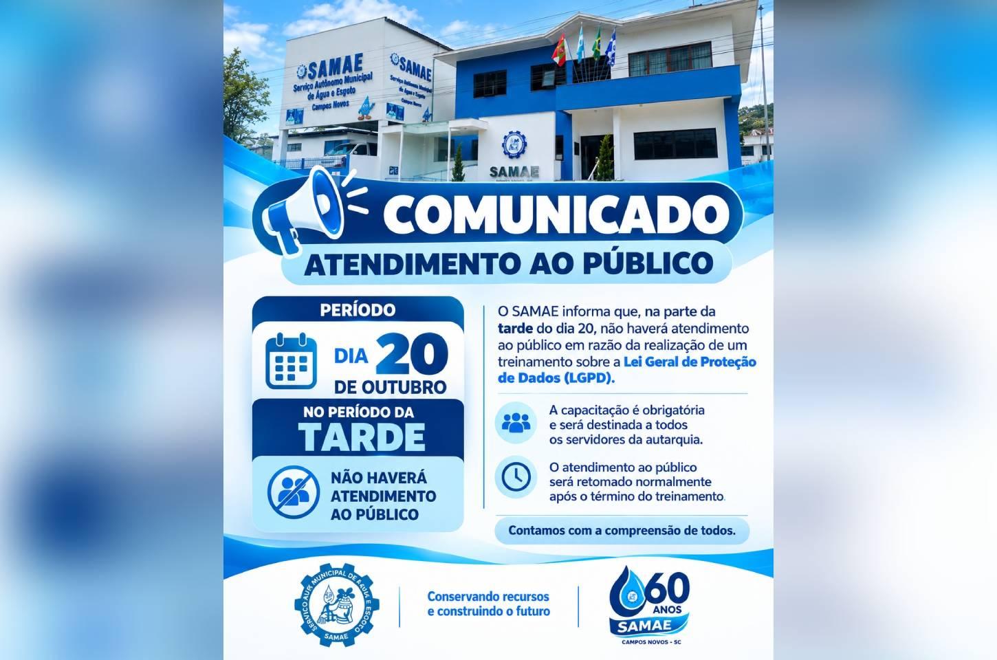 SAMAE suspende atendimento ao público na tarde de terça-feira, 20